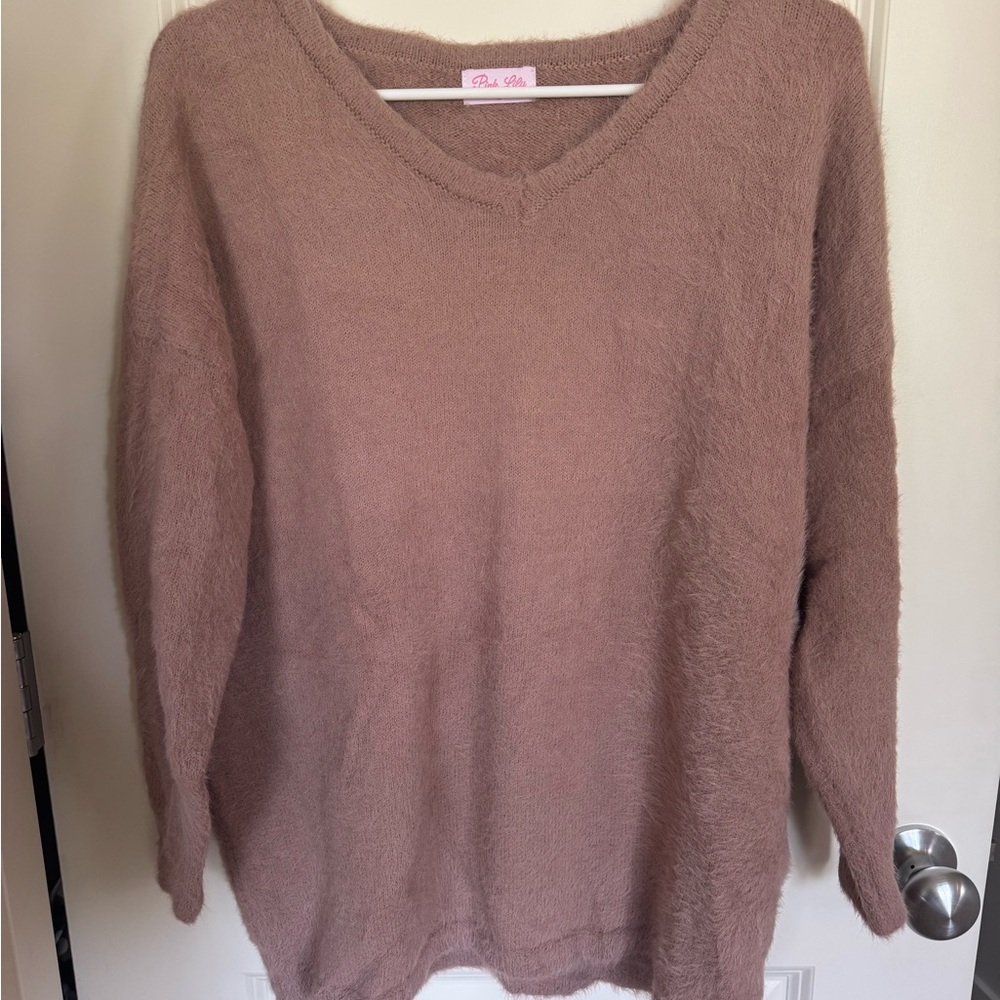 Pink Lily Brown V-Neck Sweater Soft Knit